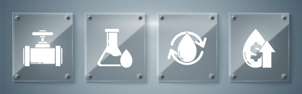 设置油价上涨，油价下跌，石油汽油测试管和工业金属管道和阀门。方形玻璃面板。向量图片下载