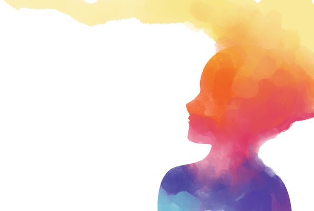 心理健康、疾病、大脑发育、医疗理念、白底人体头部水彩画图片下载