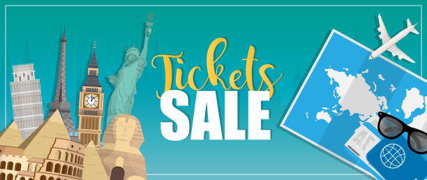 门票销售海报。旅游门票销售标语。大本钟，自由女神像，埃菲尔铁塔，斗兽场，佩赞塔，埃及金字塔。矢量图图片下载