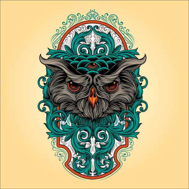 猫头鹰头与框架古董装饰品图片下载