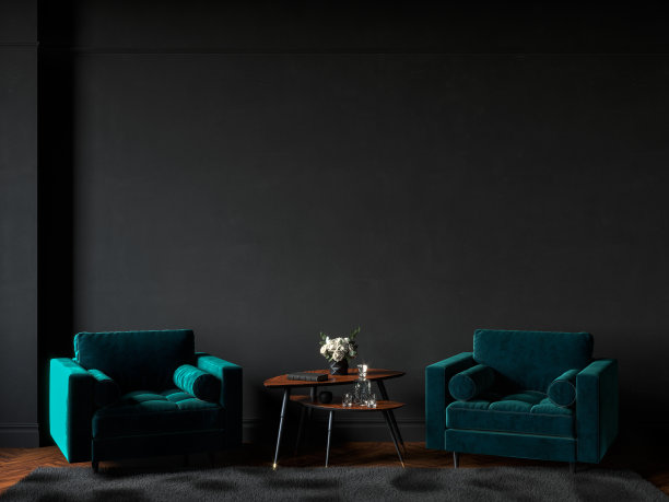黑色内饰，绿色丝绒扶手椅，毛皮地毯和装饰。3d渲染插图模型。图片下载