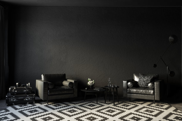 黑色内饰真皮扶手椅，咖啡桌和装饰。3d渲染插图模型。图片下载