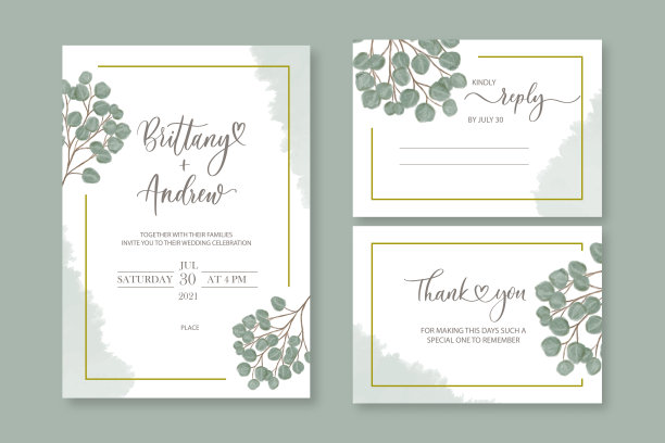 婚礼矢量花邀请邀请谢谢，回复水彩设计集:桉树绿叶优雅的绿叶。图片下载