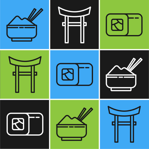 在碗里放置米饭和筷子，寿司和日本门图标。向量图片下载