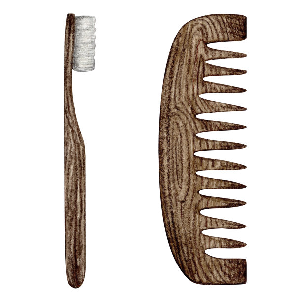 零浪费木质笔刷水彩收集孤立的白色背景。木梳子，竹牙刷，环保的生活方式，无浪费。手绘插图。图片下载