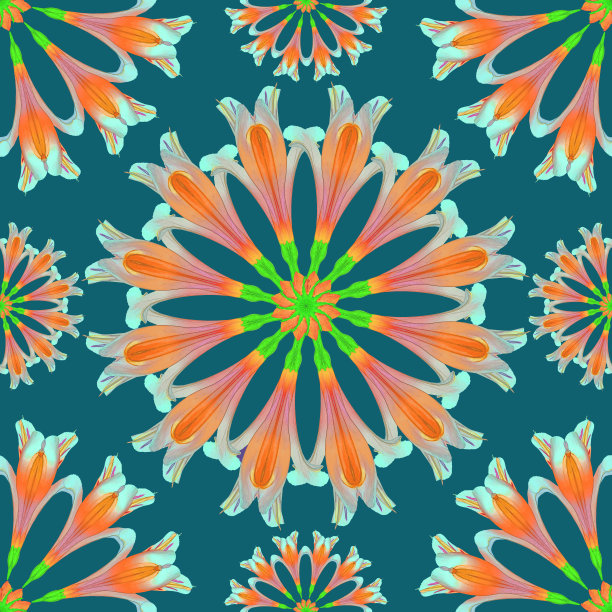 连续复制的无缝模式。花卉背景，照片拼贴制作的纺织品，棉织品。用于墙纸，封面。东方风格的曼荼罗绘画。图片下载