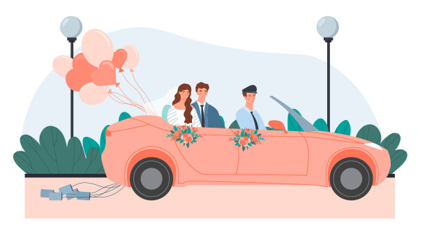一对新婚夫妇在一辆粉色的敞篷车里图片下载