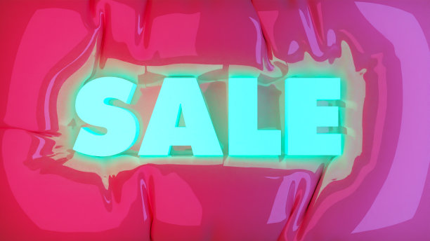 3 d演示。一个闪闪发光的词“销售”在柔软的粉红色表面。图片下载