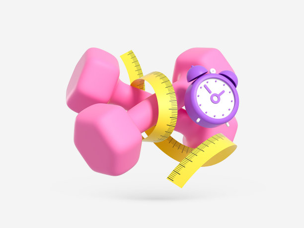 粉色哑铃闹钟和测量尺在一个孤立的白色背景。是时候改变你的身体观念了。三维渲染图片下载