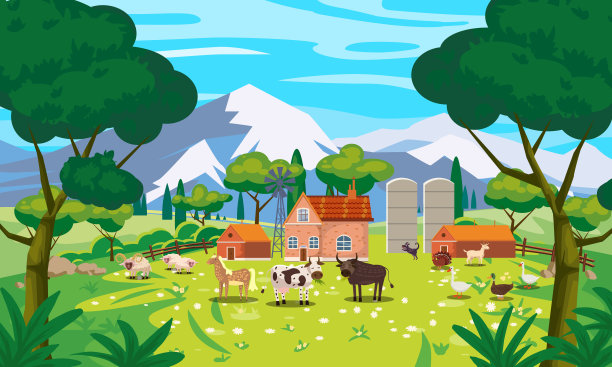 田园风光，田园风光，山川，绿草如茵，花草树木。农村自然，农场动物牛、羊、马、牛、鹅、鸭、山羊、建筑物。矢量图图片下载