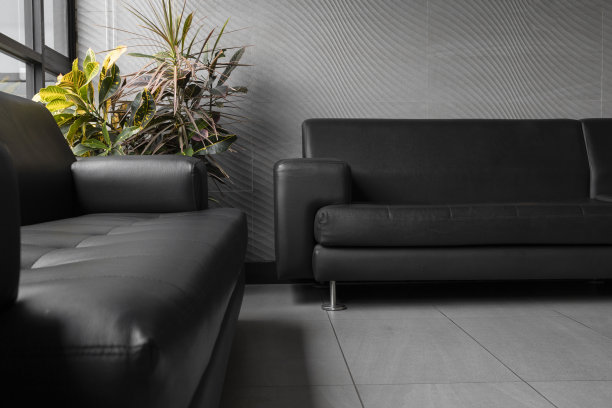 客厅配有现代的皮扶手椅，角落里有几棵色彩鲜艳的植物，卧室的装饰和家具图片下载