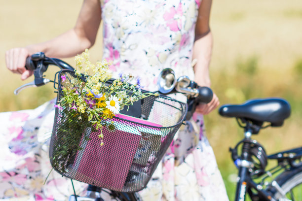 野花花束在自行车篮里与女人在夏天刮风的日子背景图片下载