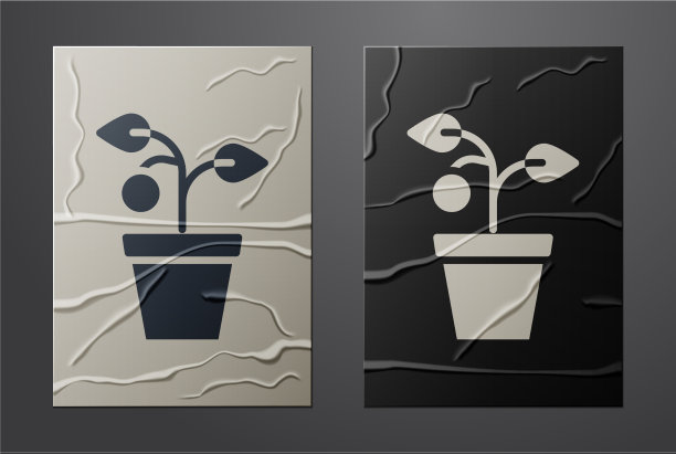 白色植物在盆图标孤立在皱巴巴的纸图片下载