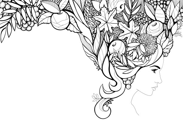 用树叶、浆果和水果做头发的女人。图片下载