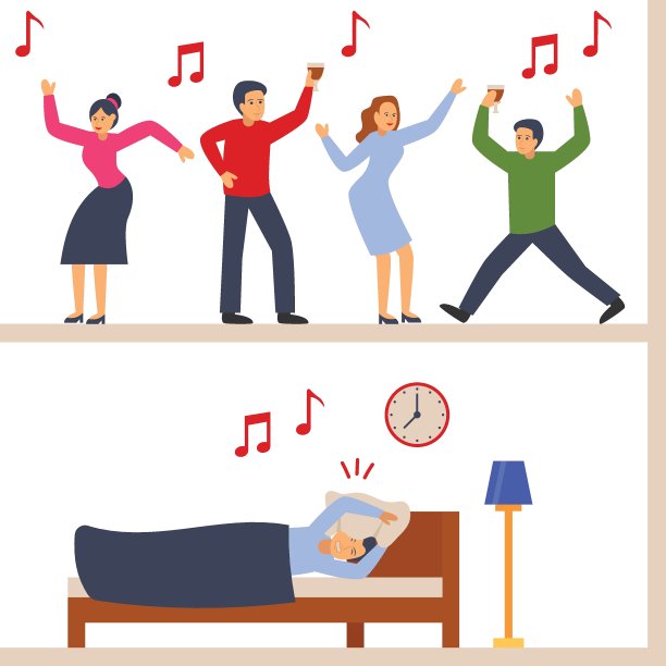 音乐爱好者的概念，吵闹的楼上邻居向量颜色图标设计，邻里冲突股票插图，坏邻居符号，睡眠干扰标志图片下载