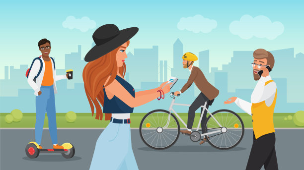 人们走在城市公园里，男人骑着陀螺仪，男人戴着头盔骑着自行车，女孩拿着手机图片下载