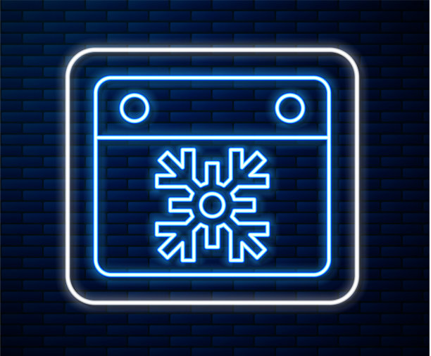 发光的霓虹灯行日历图标隔离在砖块上图片下载