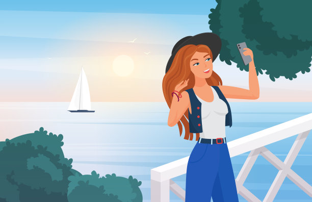 女孩站在海边的阳台上，用手机自拍旅游照片图片下载