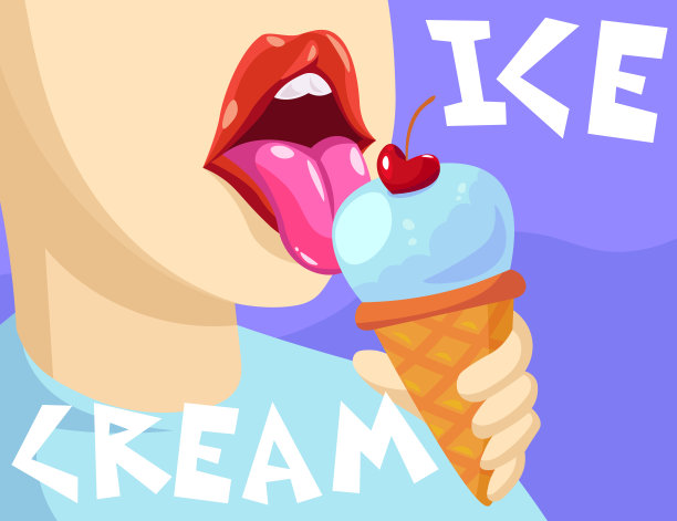 舌头舔冰淇淋与樱桃顶部卡通插图图片下载