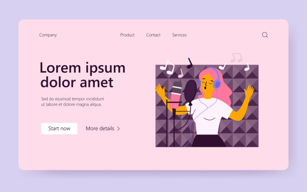 女歌手戴着耳机对着麦克风唱歌图片下载