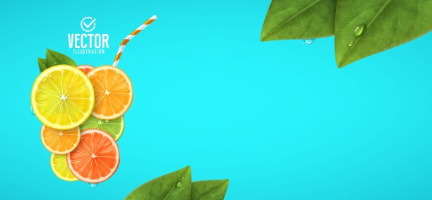 一杯新鲜果汁。柠檬、橙、酸橙和葡萄柚。向量现实的例证。图片下载