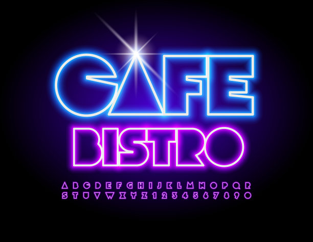 矢量霓虹标识咖啡馆小酒馆。发光的字母和数字图片下载