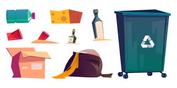 垃圾，垃圾和垃圾箱孤立的卡通集图片下载