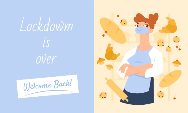 新冠肺炎疫情封锁后一家面包店开业的邀请横幅，面带口罩的友好女性面包师被面包、羊角面包、松饼、饼干和擀面杖包围。小企业或家族企业。图片下载