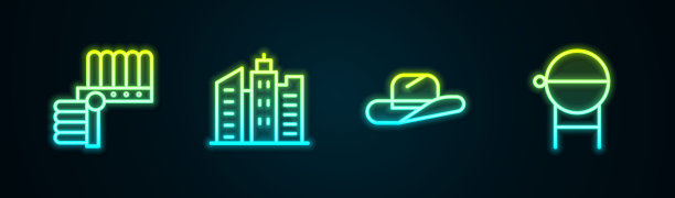 镶有羽毛的印第安头饰，城市景观，西部牛仔帽和烧烤架。发光的霓虹灯图标。向量图片下载