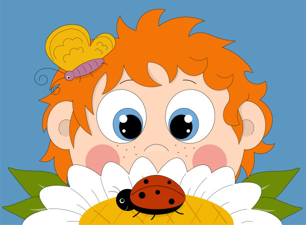 红发男孩在看瓢虫。图片下载