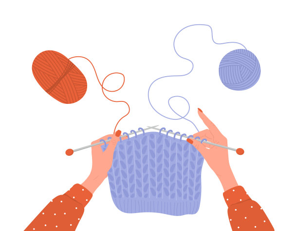 编织过程。球的纱线。女性的手拿着针和线。俯视图的工作场所。裁缝店的元素。手绘矢量插图在平面卡通风格图片下载