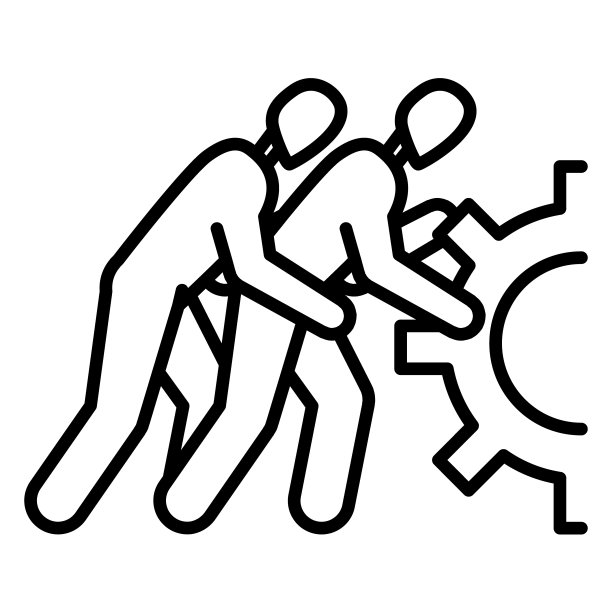 两个人一起推着齿轮。共同解决一般性问题。团队合作。矢量图标，轮廓，孤立。图片下载