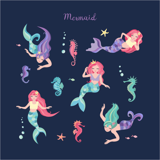 美人鱼和海马的套装。可爱的小女孩美人鱼五颜六色的头发和不同形状的尾巴。模板设计贺卡，笔记本，儿童海报。卡通矢量插图。图片下载