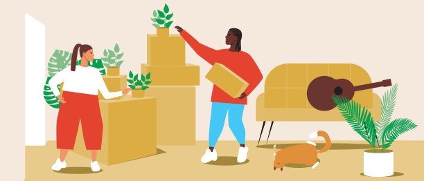 公寓移动多元文化夫妇，平面矢量股票插图与移动和打开箱子在房间与猫，沙发图片下载