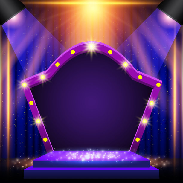 背景与讲台和蓝色和黄色聚光灯和拱门横幅。为展示、音乐会、展览而设计图片下载