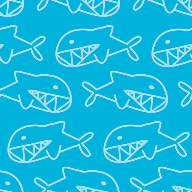 鲨齿鱼以蓝色为背景，无缝图案为纺织印花覆盖织物，装饰包装设计。海纹儿童公寓图片下载