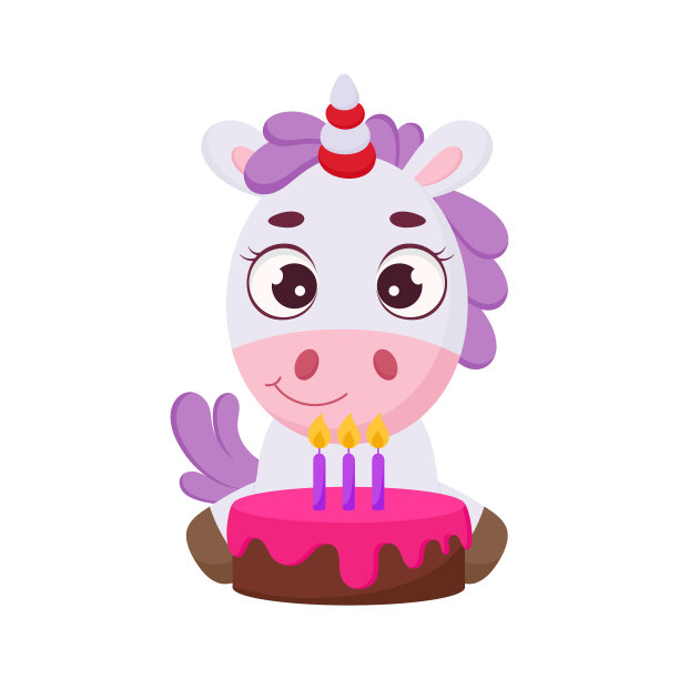 可爱的神奇独角兽和蛋糕。有趣的魔法独角兽卡通人物印刷，卡片，婴儿送礼会，邀请，壁纸，装饰。明亮的颜色幼稚股票矢量插图。图片下载