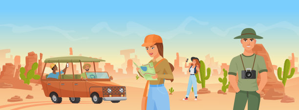 朋友们在亚利桑那州的风景沙漠度假旅游，旅游乘吉普车旅行图片下载