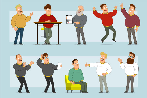 卡通扁平滑稽胖微笑男孩角色集图片下载