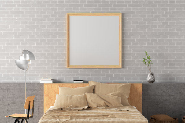 方形空白海报框模拟在阁楼风格的卧室内部的白色砖墙上。图片下载