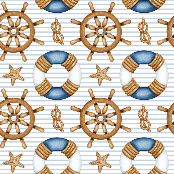 水彩画船舶设备、海洋旅游、海洋生物无缝图案。船舶导航。救生圈，方向盘，绳结，海星。手绘海上背景图片下载