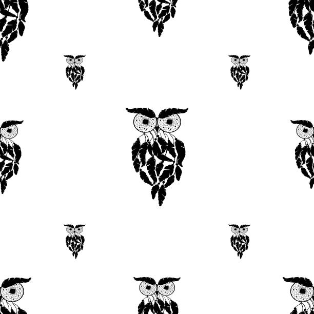 矢量无缝背景，复古图案，民族涂鸦收藏，部落设计。手绘插图与印度捕梦网和羽毛在白色的背景图片下载