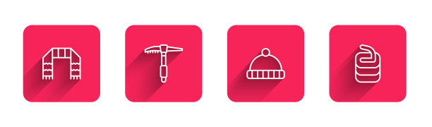 定线冬季围巾，冰斧，帽子和石头卷曲与长阴影。红场按钮。向量图片下载