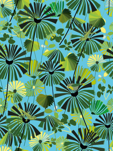 矢量无缝EPS 10图案与程式化的棕榈叶剪影，一只蜥蜴和一只小鸟躲在树叶在晴朗的早晨无云的天空的背景图片下载