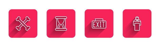 交叉的人类骨骼，古老的沙漏与沙子，出口标志和演讲与长影子。红场按钮。向量图片下载