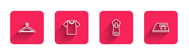 设衣架衣柜，t恤，拉链和电熨斗长影。红场按钮。向量图片下载