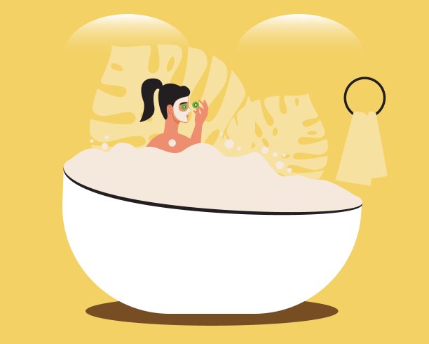 年轻女子水疗护肤在浴室，平面矢量股票插图与有机美容面膜和放松在浴室图片下载