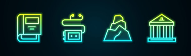 集行历史书、博物馆音频导览、岩石石及建筑。发光的霓虹灯图标。向量图片下载