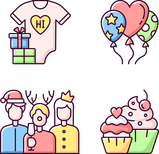 家庭生日庆祝RGB颜色图标集图片下载