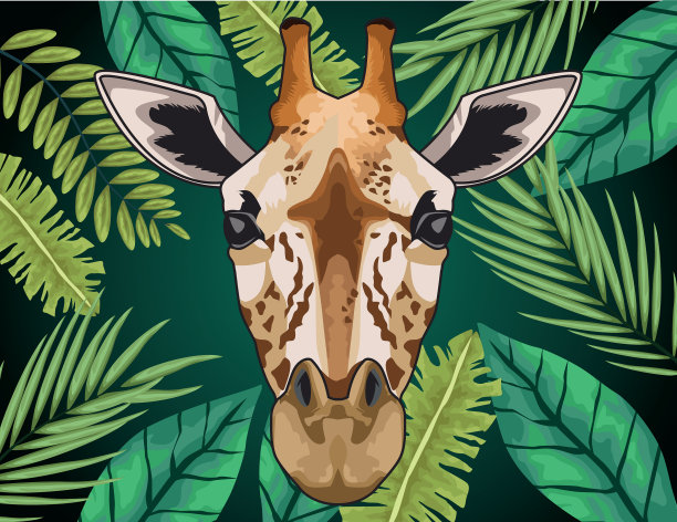 长颈鹿野生动物的头字符在叶图片下载